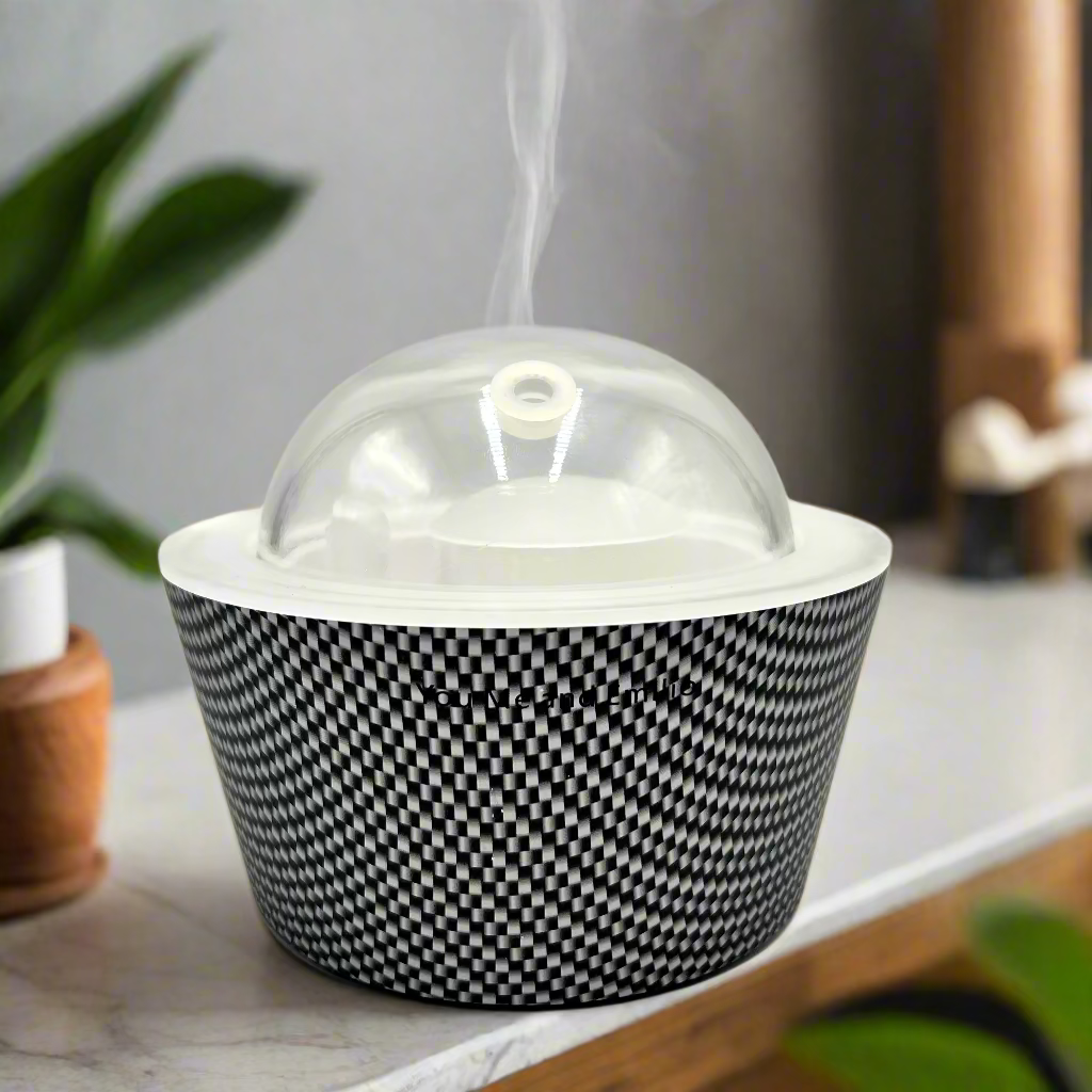 Black and white patterned container with a clear dome lid on a white background