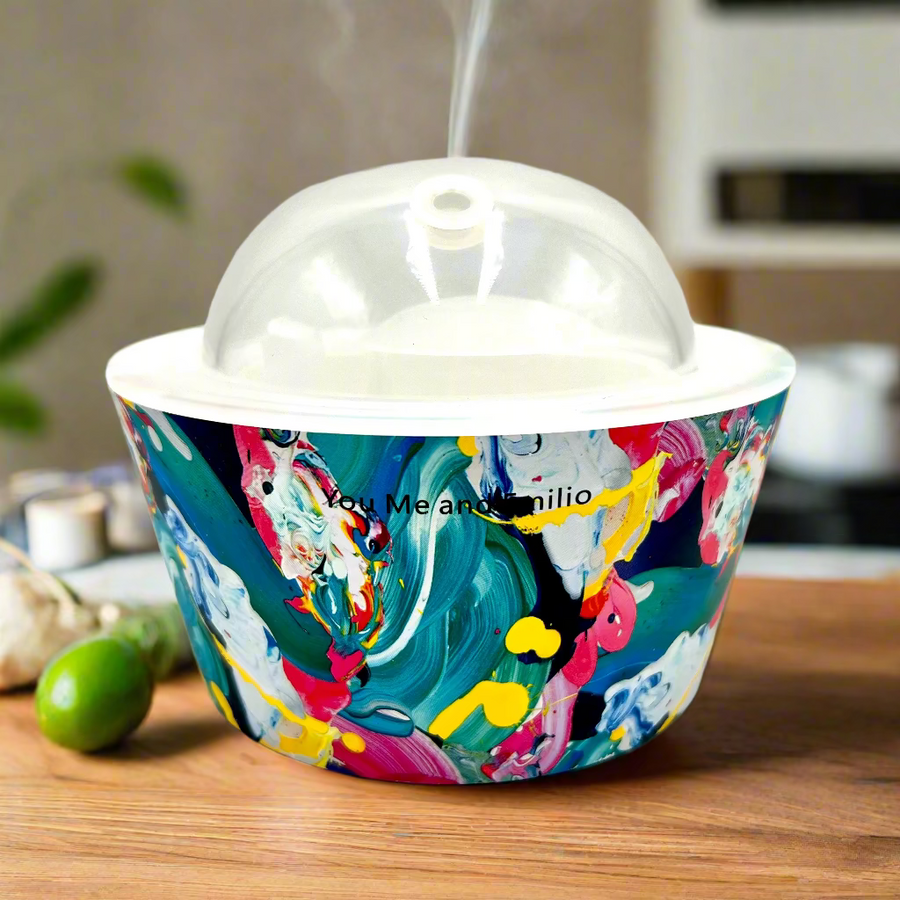 Colorful pet bowl with a transparent lid on a white background