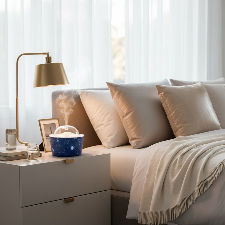 Blue night light with star pattern on a wooden deck with greenery in the background