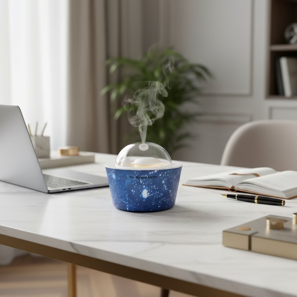 Blue diffuser on a desk with a laptop and books in a home office setting