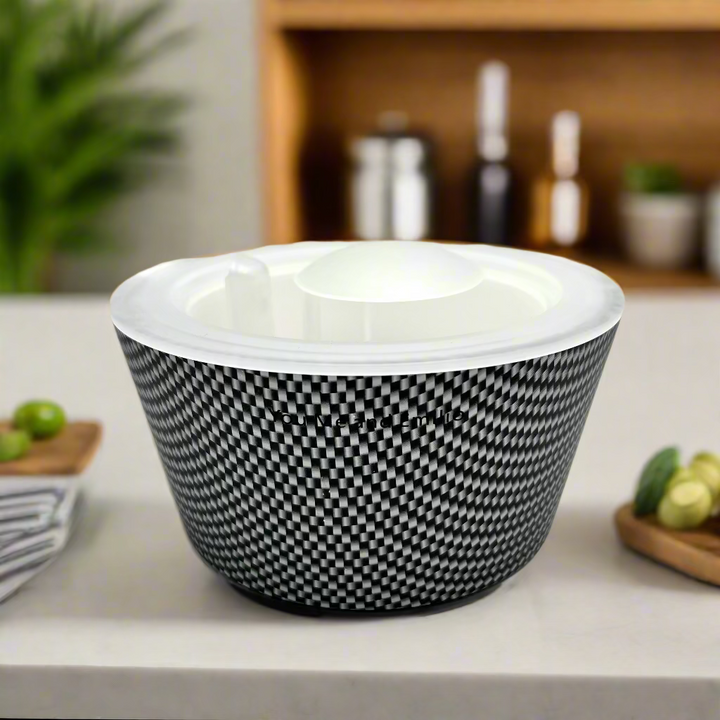 Black and white patterned bowl on a white background