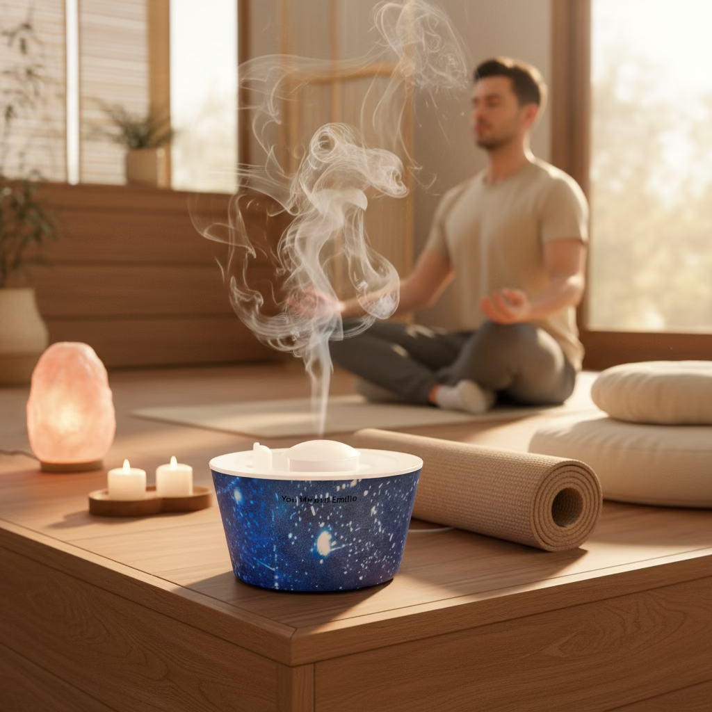 Person meditating in a serene room with a blue diffuser emitting steam.
