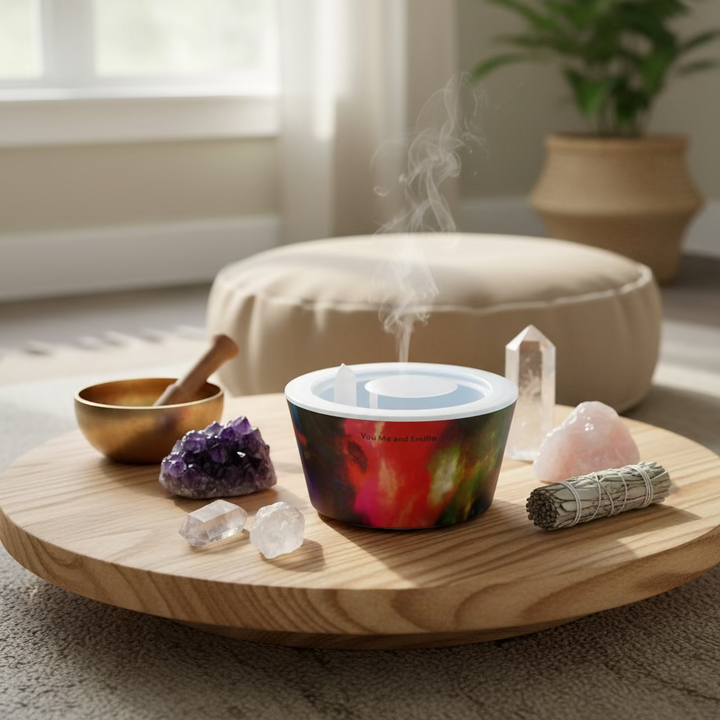 Red bowlwith a white lid on a glass table outdoors