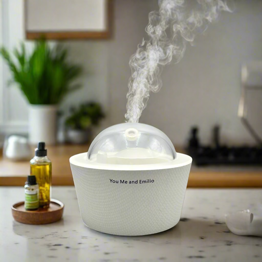 White textured container with a transparent dome lid on a white background