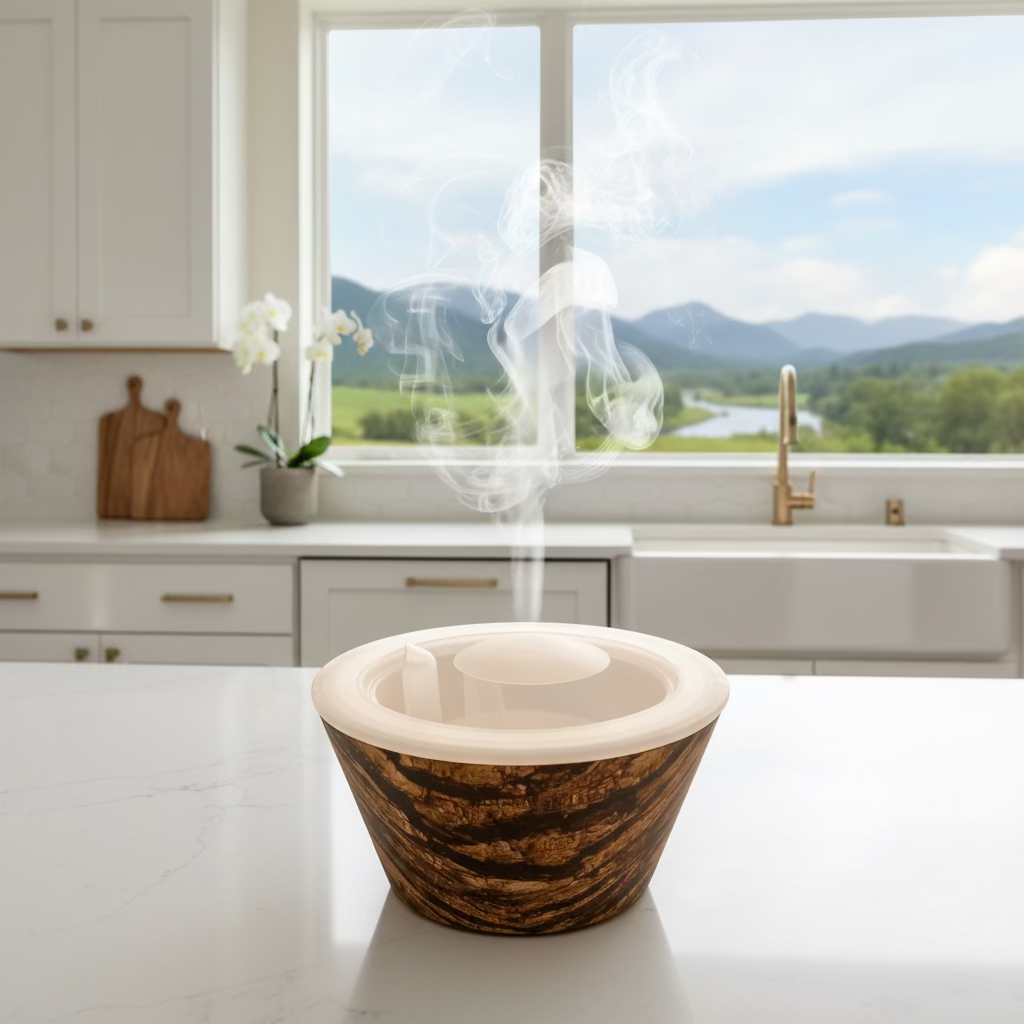 Plastic bowl with a textured brown exterior and clear lid on a white background