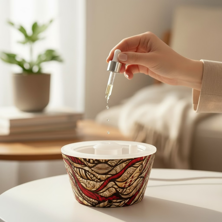 Plastic bowl with intricate red and black pattern on a white background