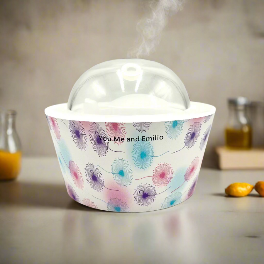 Decorative container with floral pattern and 'You Me and Emilio' text on a white background