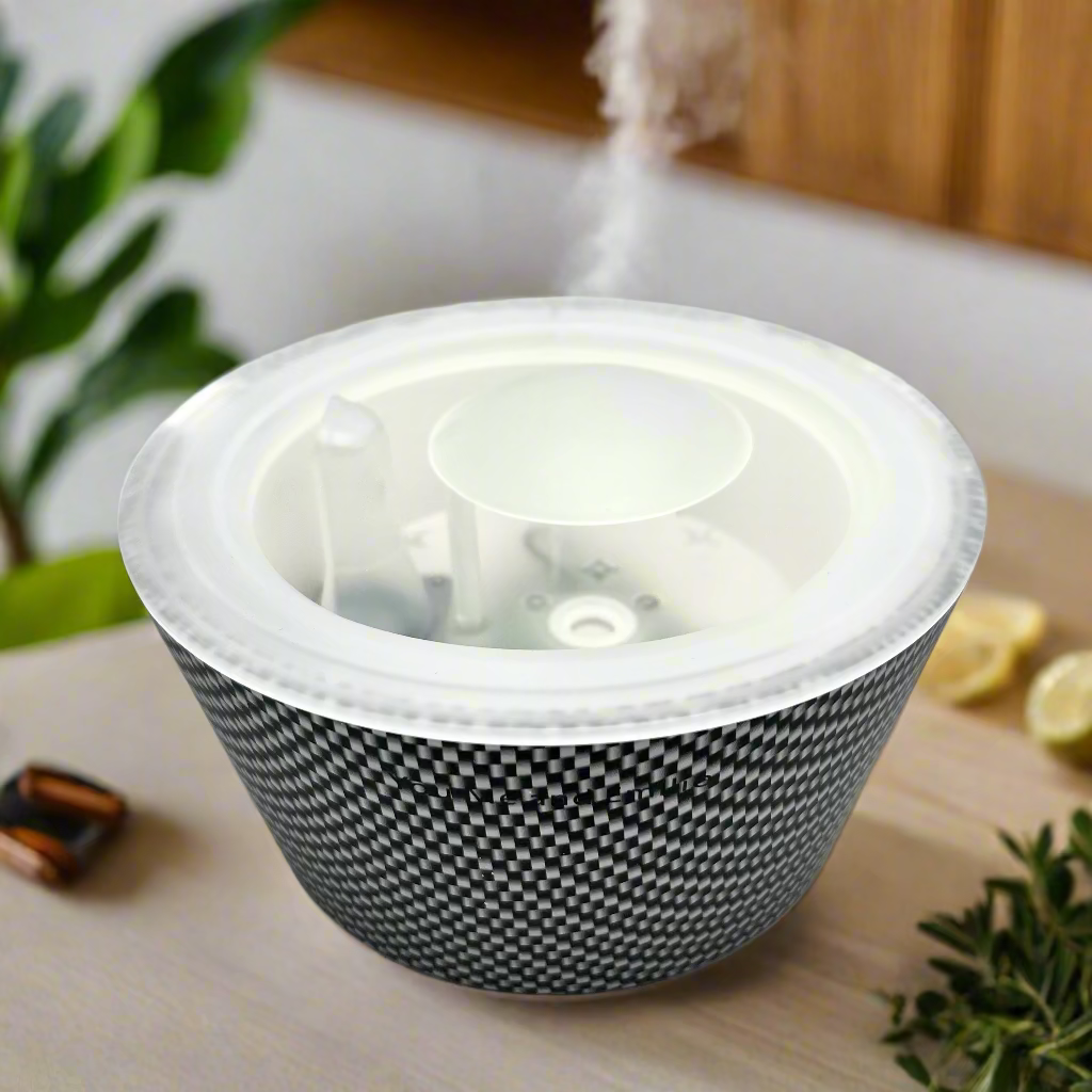 Air filter with black pleated material and white top on a white background