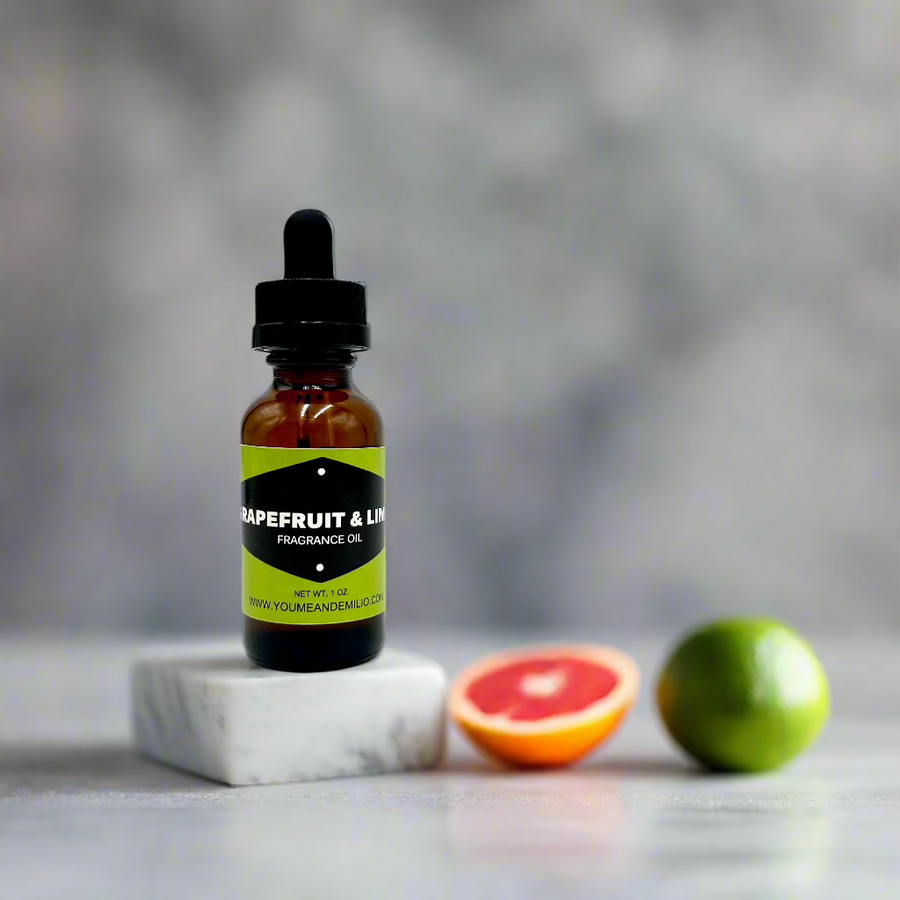 Bottle of Grapefruit and Lime Fragrance Oil, hand-poured in Dallas, Texas — pure citrus diffuser oil perfect for fresh, uplifting summer scents.