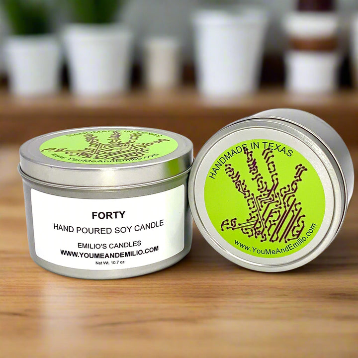 Hand-poured Forty Soy Candle with rich musky and floral scent.