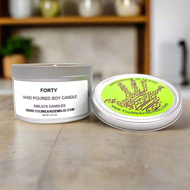 Forty Soy Candle in a cozy home setting with warm lighting.