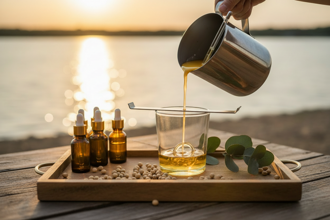 Cinematic close-up of a flat wooden candle making tray with clear golden soy wax, pouring pitcher, thermometer, fragrance oil bottles, and glass vessel at a Lake Ray Hubbard lakeside setting