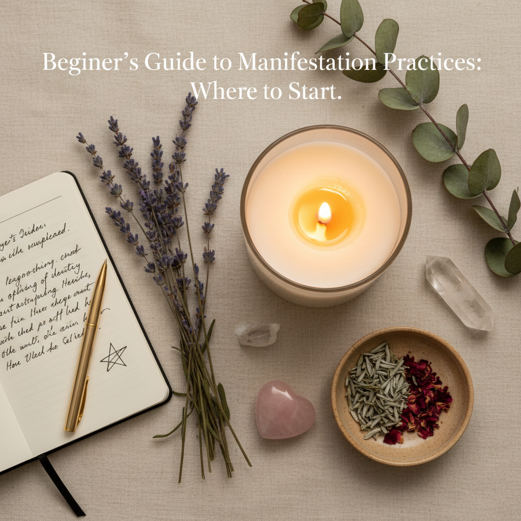 Beginner's guide to manifestation practices with candles, journal, and abundance ritual setup