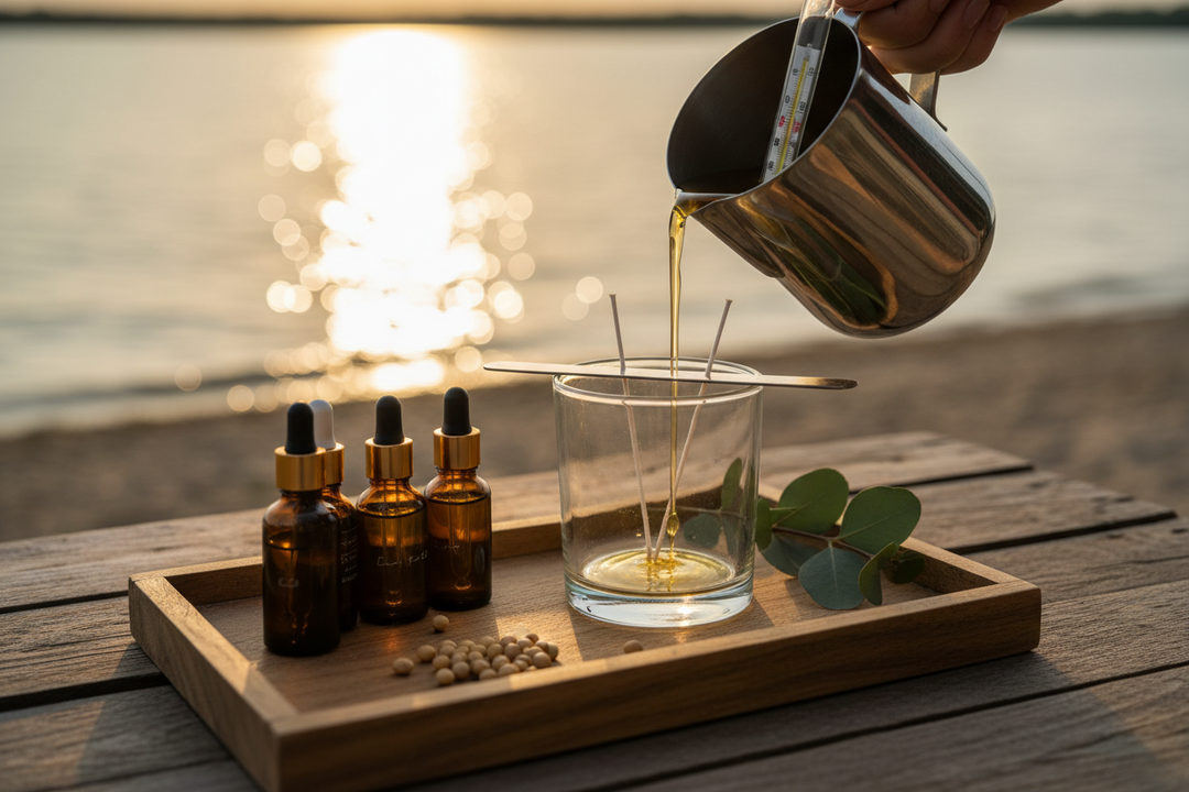 Close-up of clear soy wax being poured into a candle vessel on a flat wooden tray at Lake Texoma