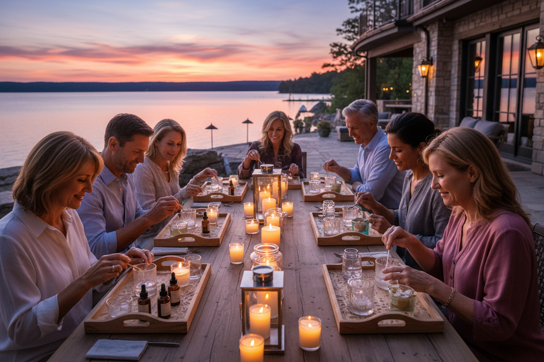 Couples enjoying a luxury candle making experience with wooden trays at a lakeside home on Cedar Creek Lake at golden hour