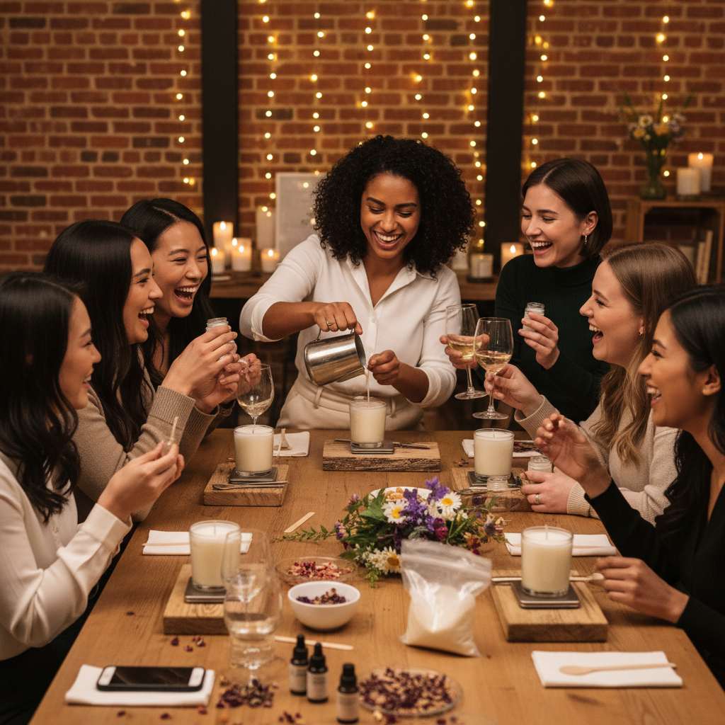 Diverse group of women laughing and having fun at a girls night out candle making experience by You Me and Emilio in Dallas