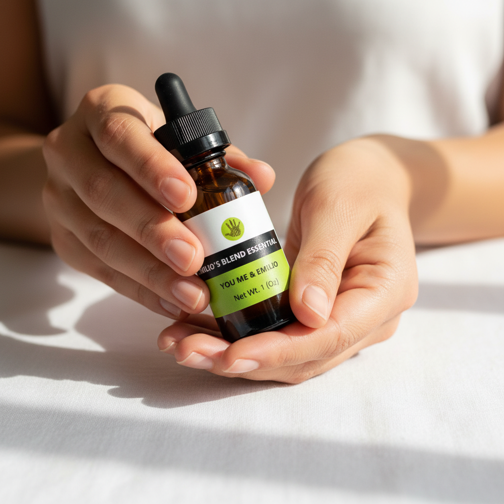 YOU ME & EMILIO Emilio's Blend Essential Oil pure amber dropper bottle with fresh botanicals