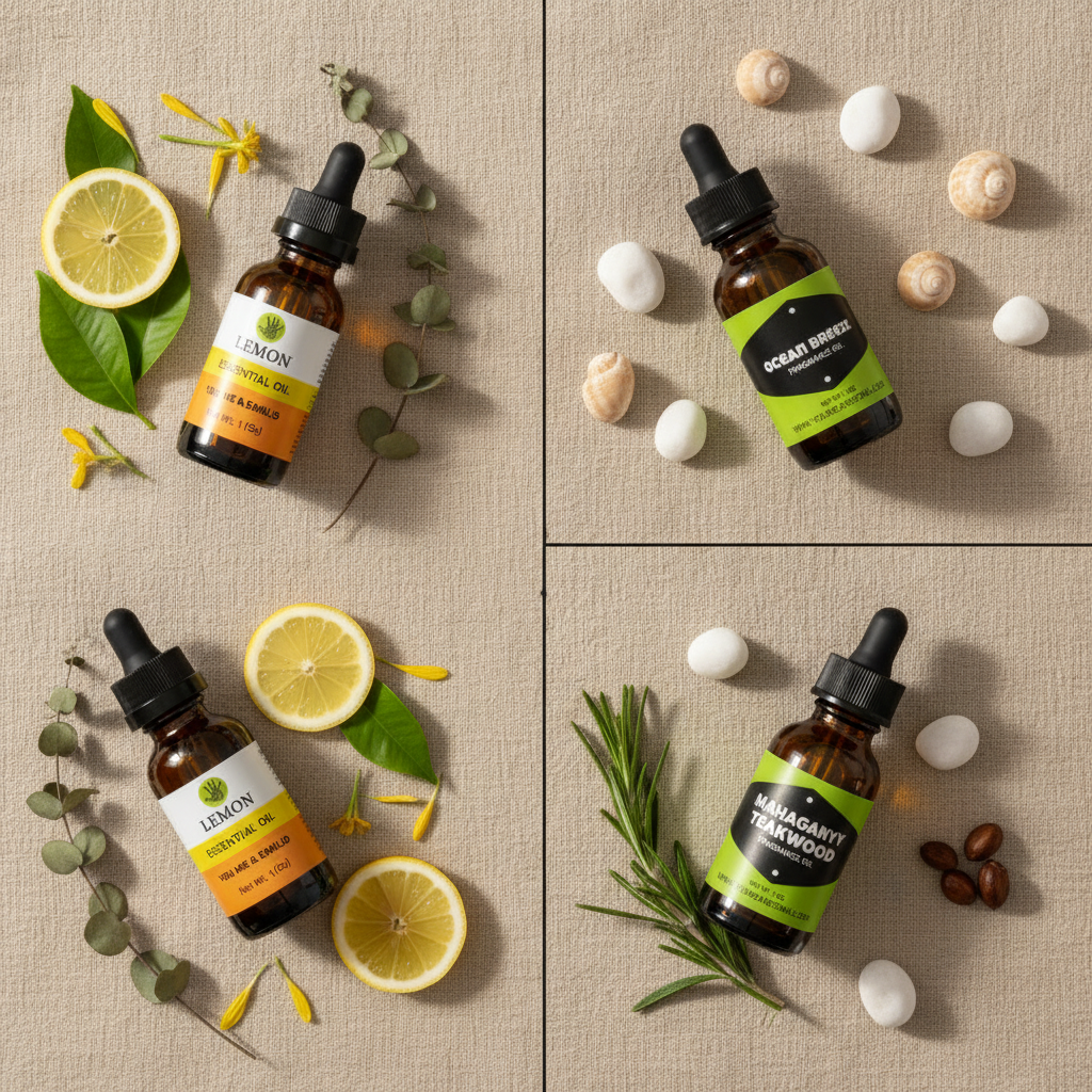 Lemon Essential Oil, Orange Essential Oil, Ocean Breeze Fragrance Oil, and Mahogany Teakwood Fragrance Oil bottles from You Me and Emilio arranged side by side