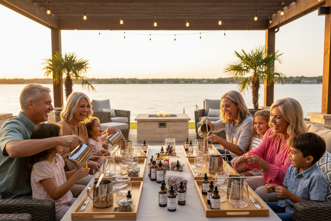 Multi-generational diverse family making candles at a luxury Lake Lewisville lakefront patio with flat wooden trays and candle making tools at golden hour