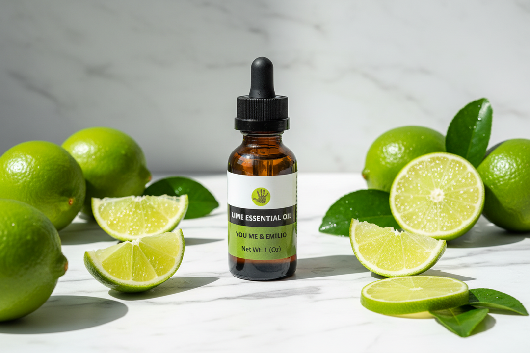 YOU ME & EMILIO Lime Essential Oil pure amber dropper bottle surrounded by fresh limes and lime slices on marble