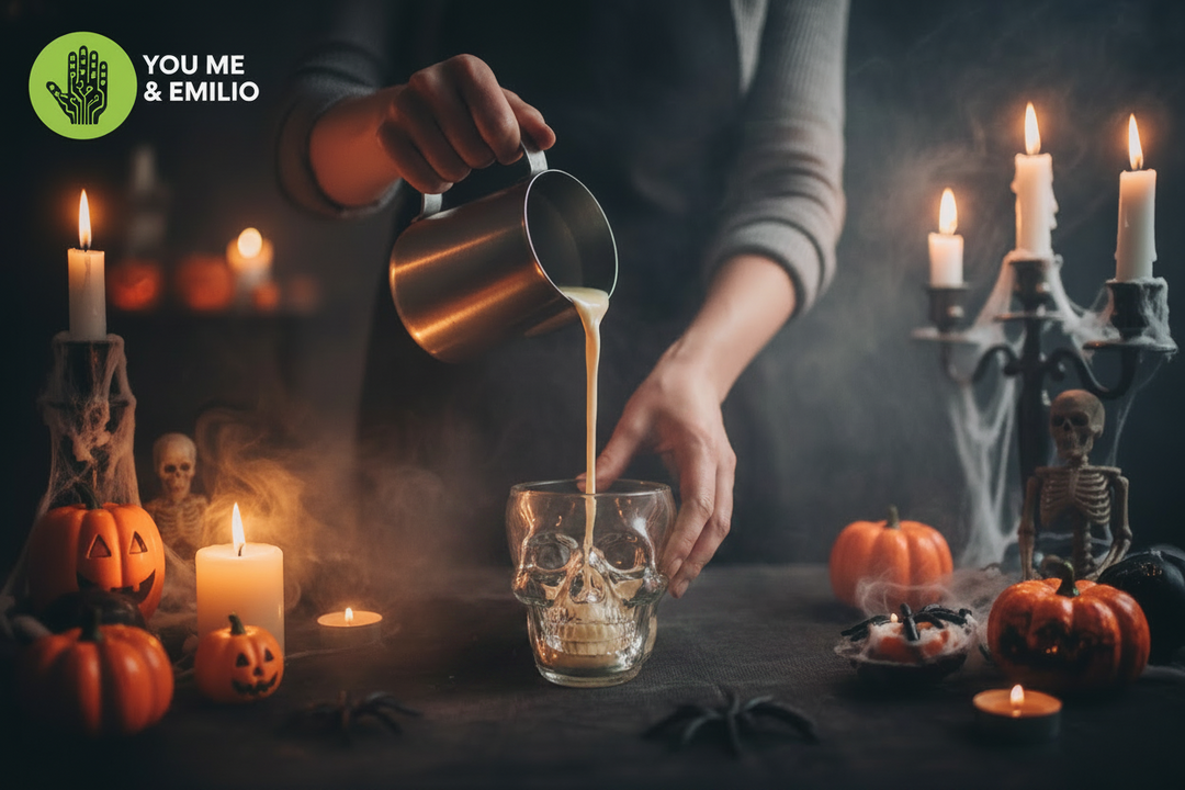 Halloween candle making class at home — pouring soy wax into a clear skull vessel, YOU ME & EMILIO