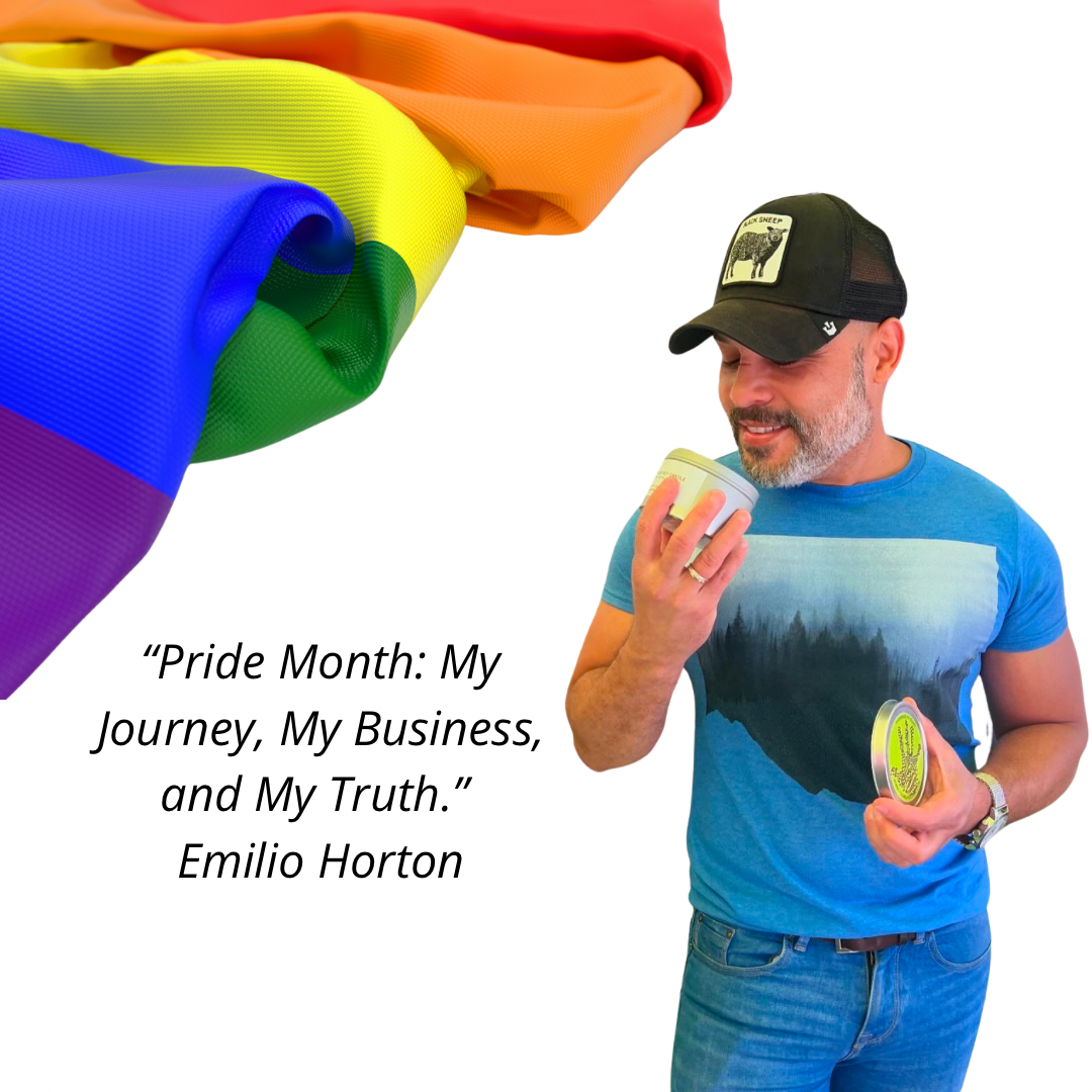 Emilio Horton smiling proudly holding a rainbow flag during Pride Month celebration.