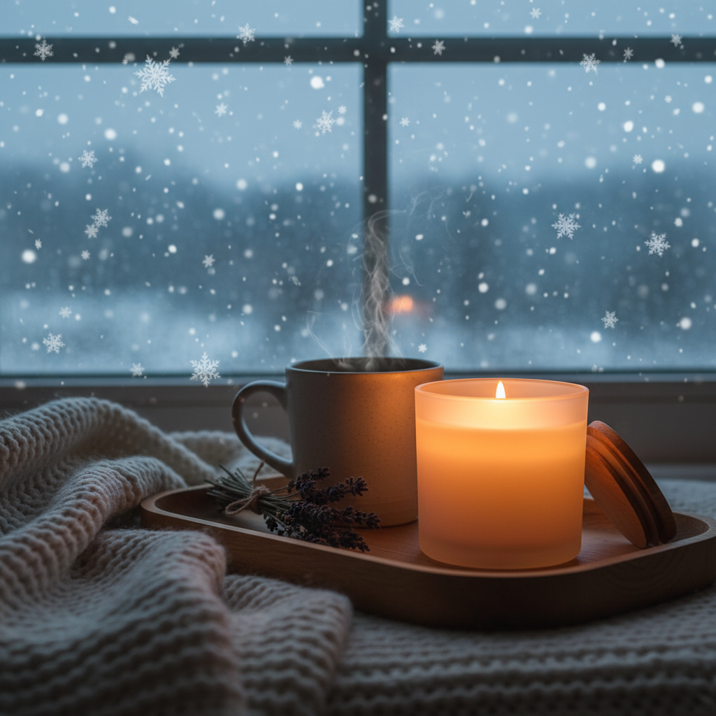 Winter storm self-care using calming scents and aromatherapy candles to ease anxiety during severe weather