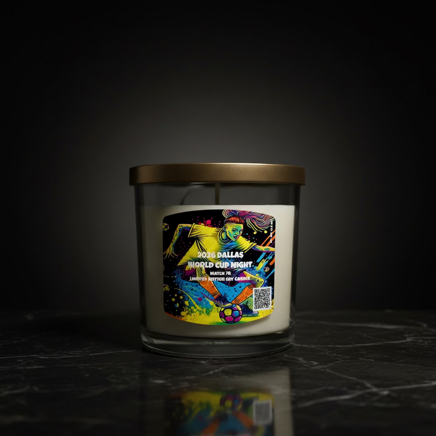 Candle with a colorful label featuring a soccer player and text on a white background