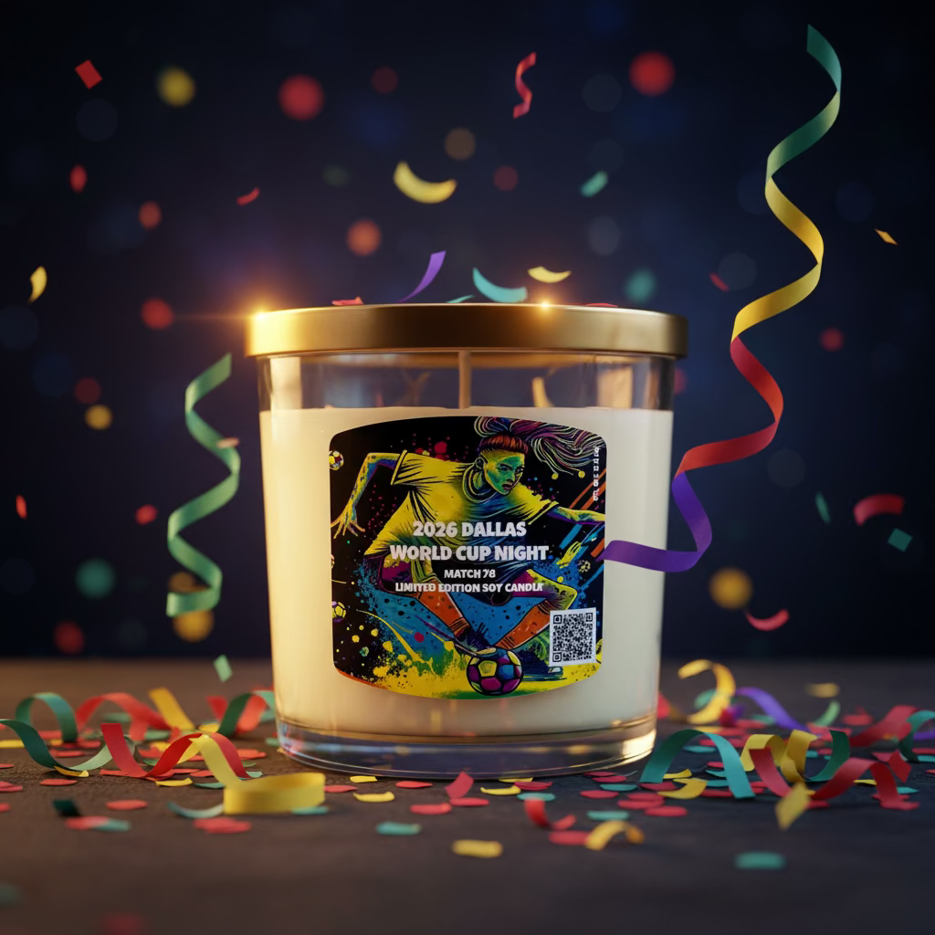 Candle with a colorful label on a white background