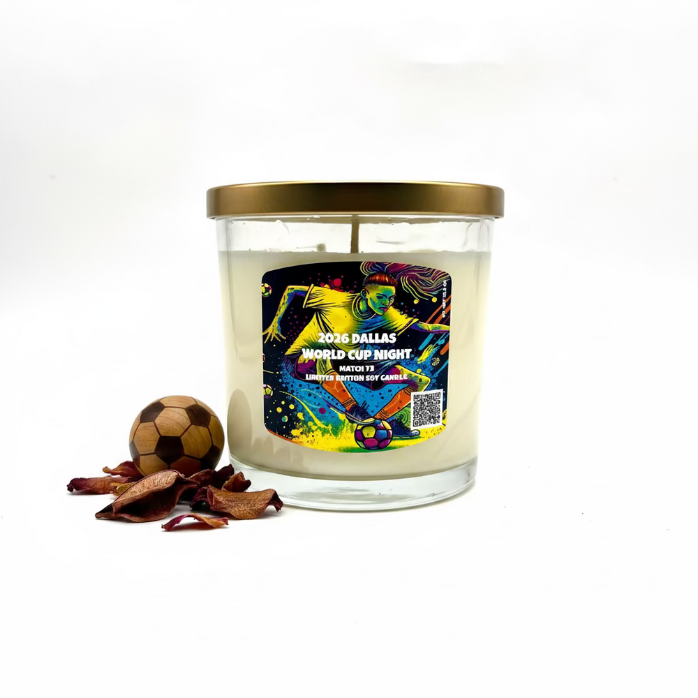 Candle with a colorful label on a white background