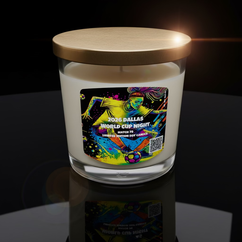 Candle with a gold lid and colorful label on a white background