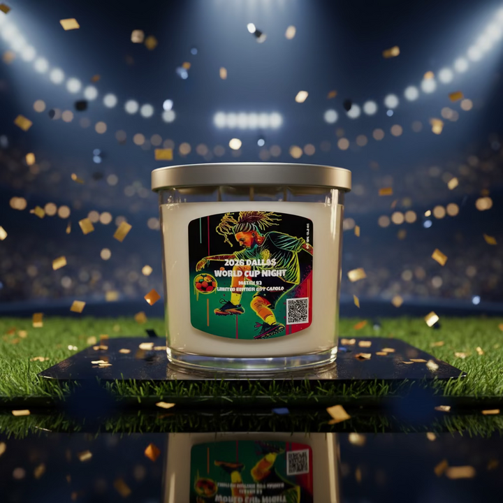 Candle with a colorful label featuring a person with dreadlocks and text on a white background