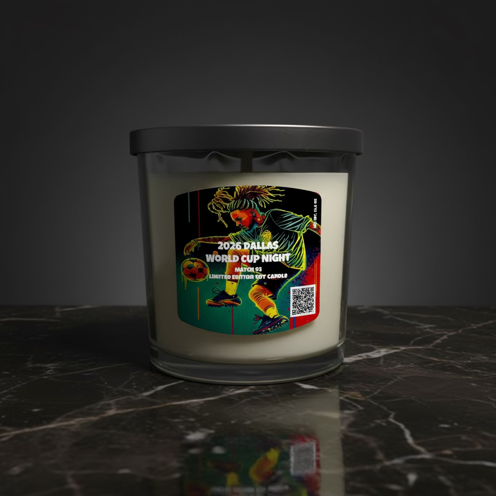 Glass candle with a colorful label on a white background