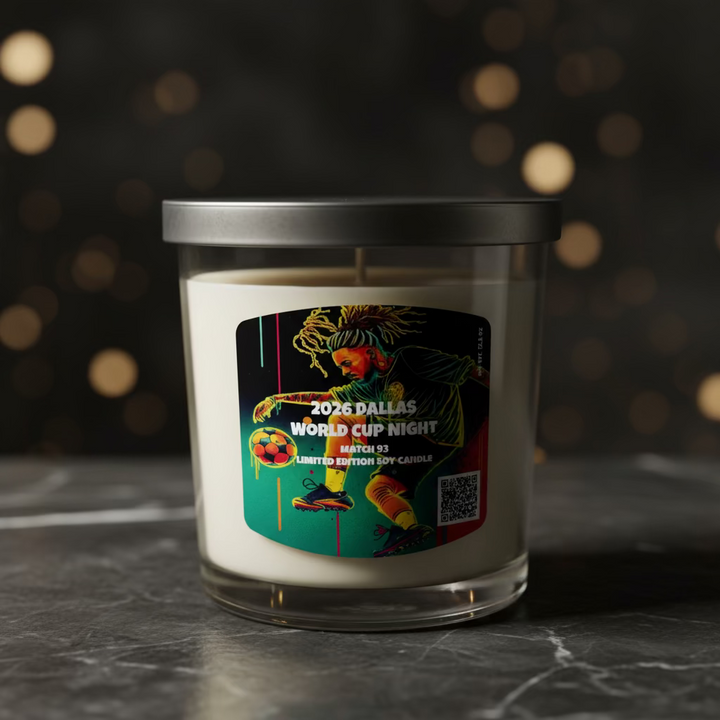 Candle jar with a colorful label on a white background