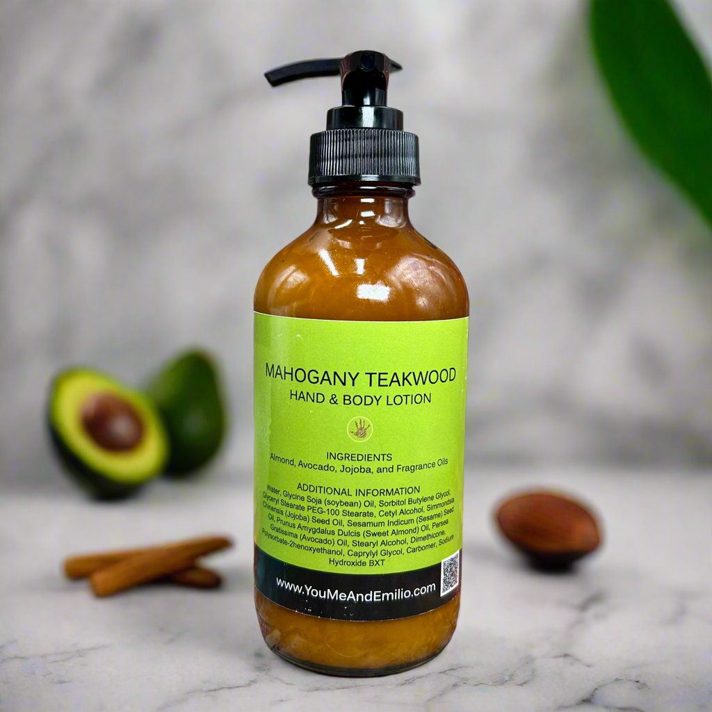Loción para manos y cuerpo de madera de teca de caoba