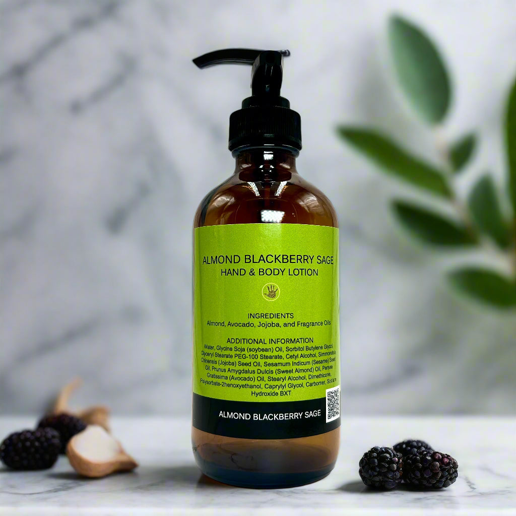 Almond Blackberry Sage Hand & Body Lotion bottle with luxurious natural oils for skincare.
