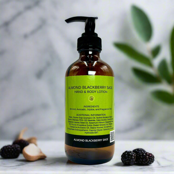 Almond Blackberry Sage Hand & Body Lotion bottle with luxurious natural oils for skincare.
