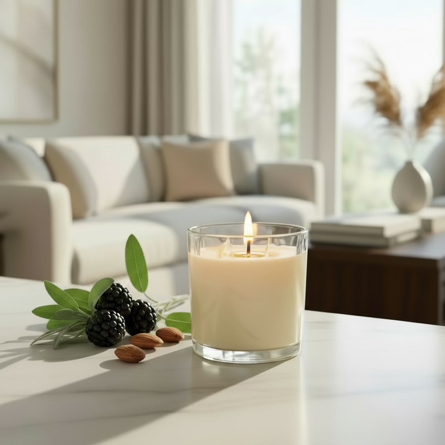 Almond Blackberry Sage — Luxe Signature Soy Candle - comes in a glass container