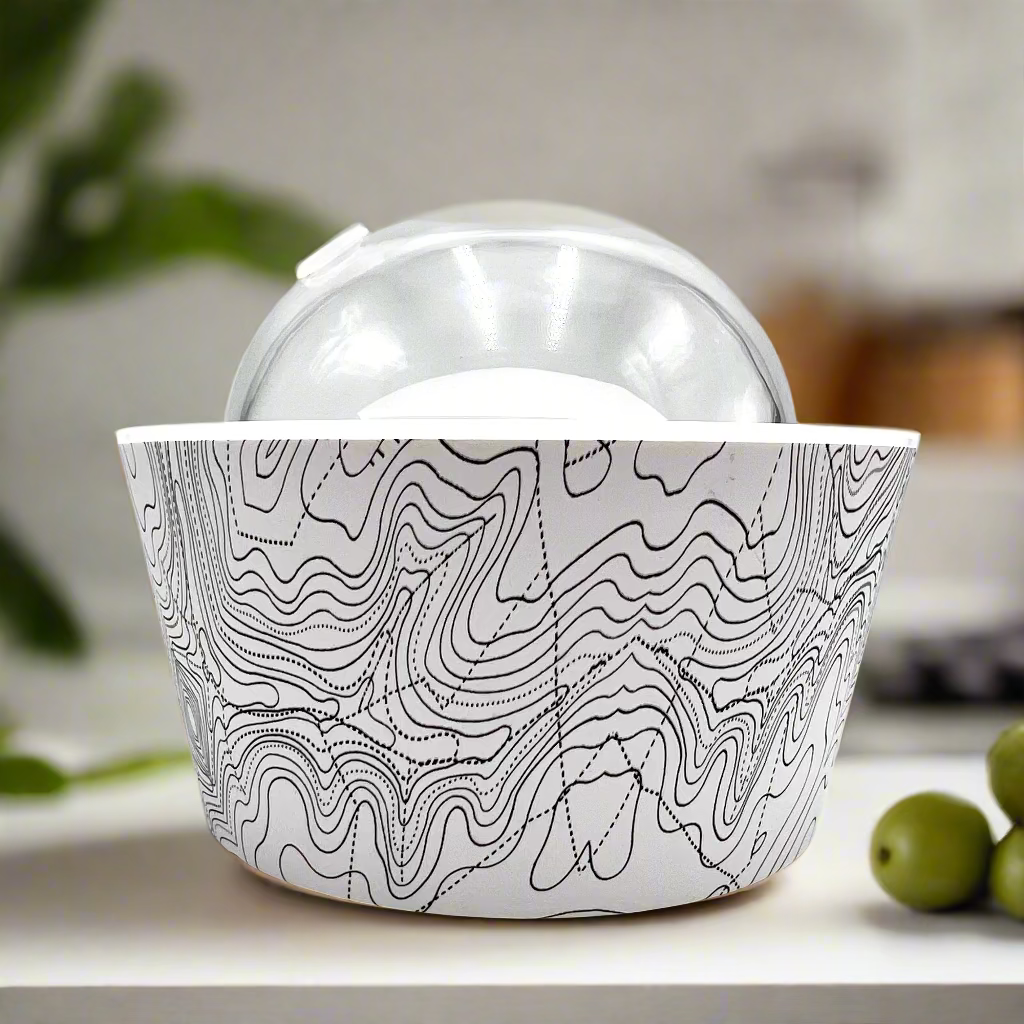 White container with black wavy line pattern on a white background