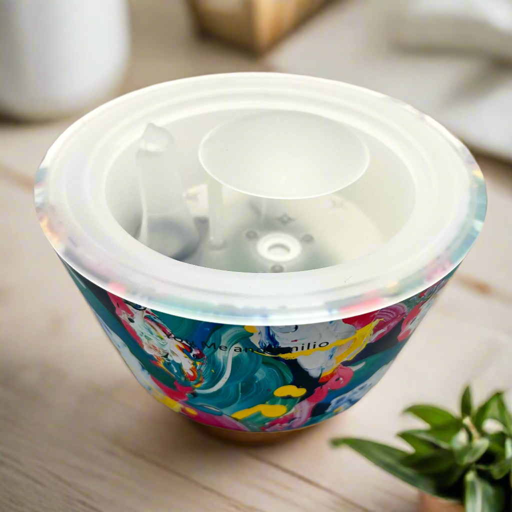 Colorful bowl with a clear lid on a white background