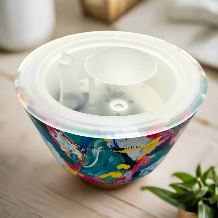 Colorful bowl with a clear lid on a white background