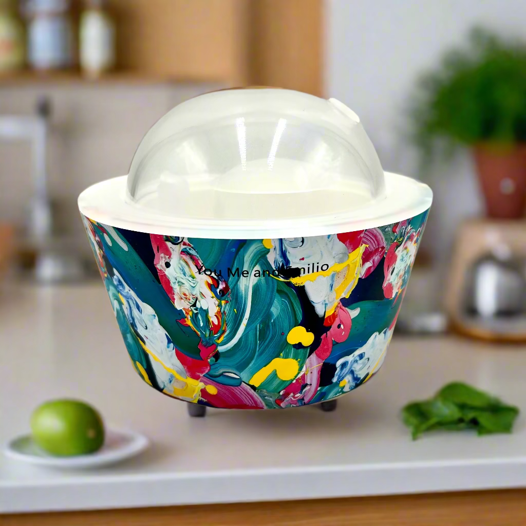Colorful container with a clear lid on a white background