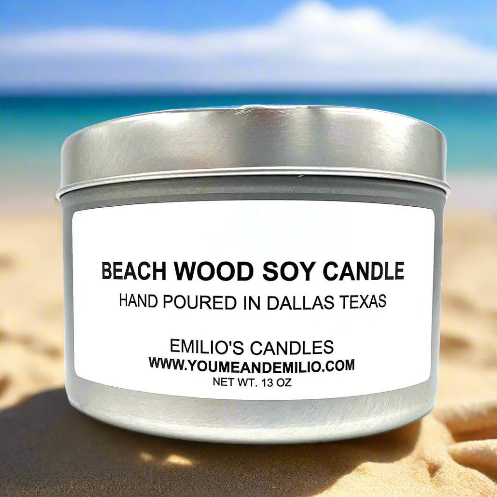 Close-up of Beach Wood Soy Candle with beachy, woodsy fragrance perfect for coastal-inspired relaxation.