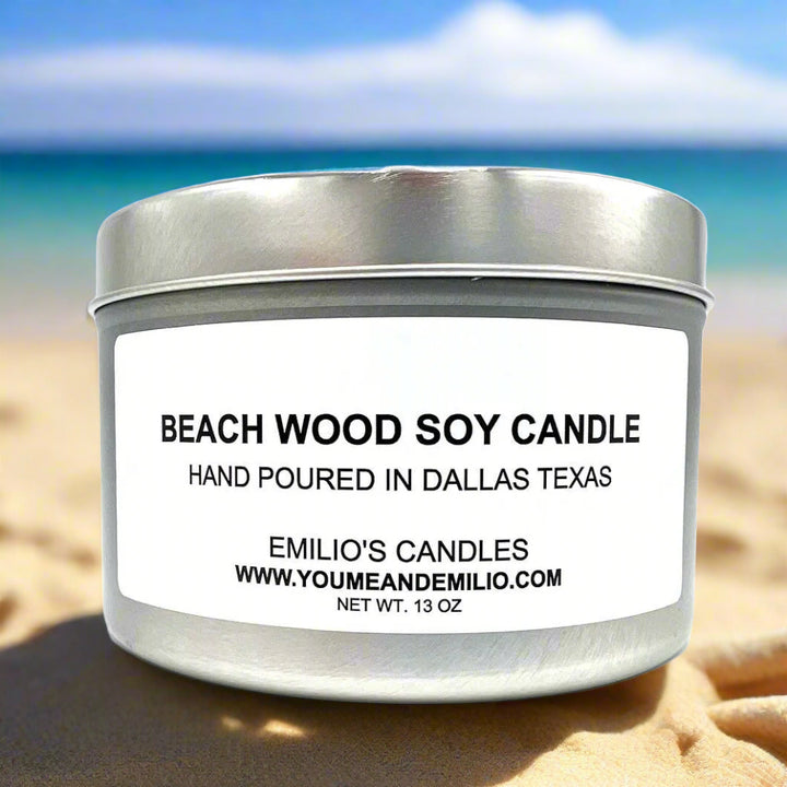 Close-up of Beach Wood Soy Candle with beachy, woodsy fragrance perfect for coastal-inspired relaxation.