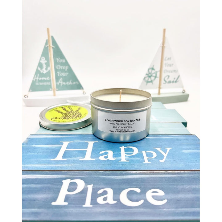 Handcrafted Beach Wood Soy Candle featuring fresh ocean air and driftwood scent notes, made in Dallas, Texas.