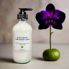 Close-up of Orchid Hand & Body Lotion, highlighting its sophisticated fragrance inspired by Tom Ford’s Black Orchid with hints of Lavender and Musk.
