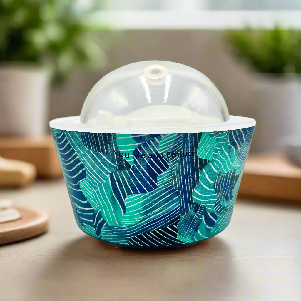Container with blue and green patterned lid on a white background