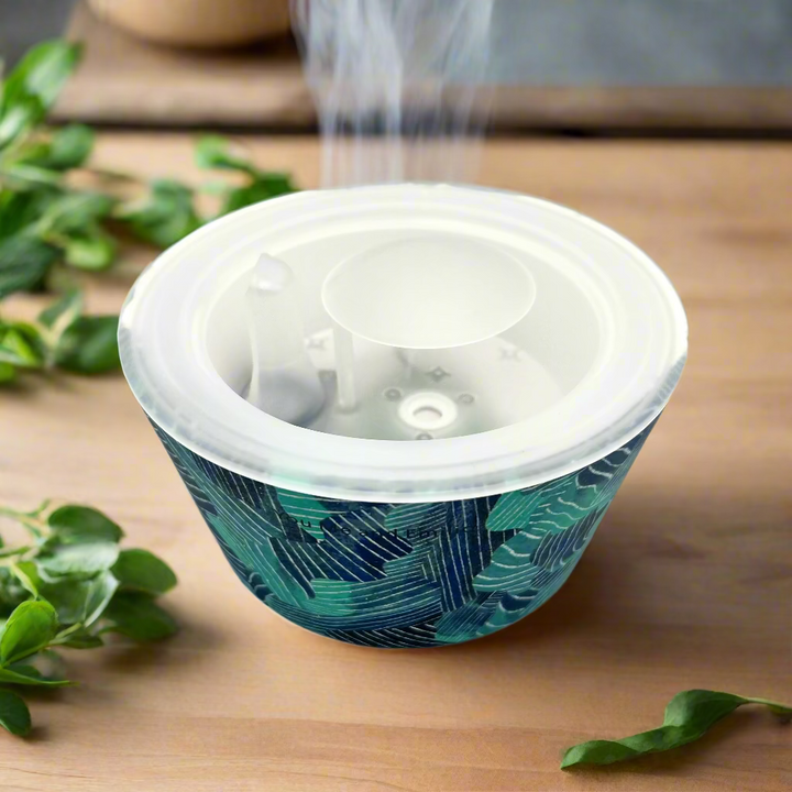 Container with a blue geometric pattern on a white background
