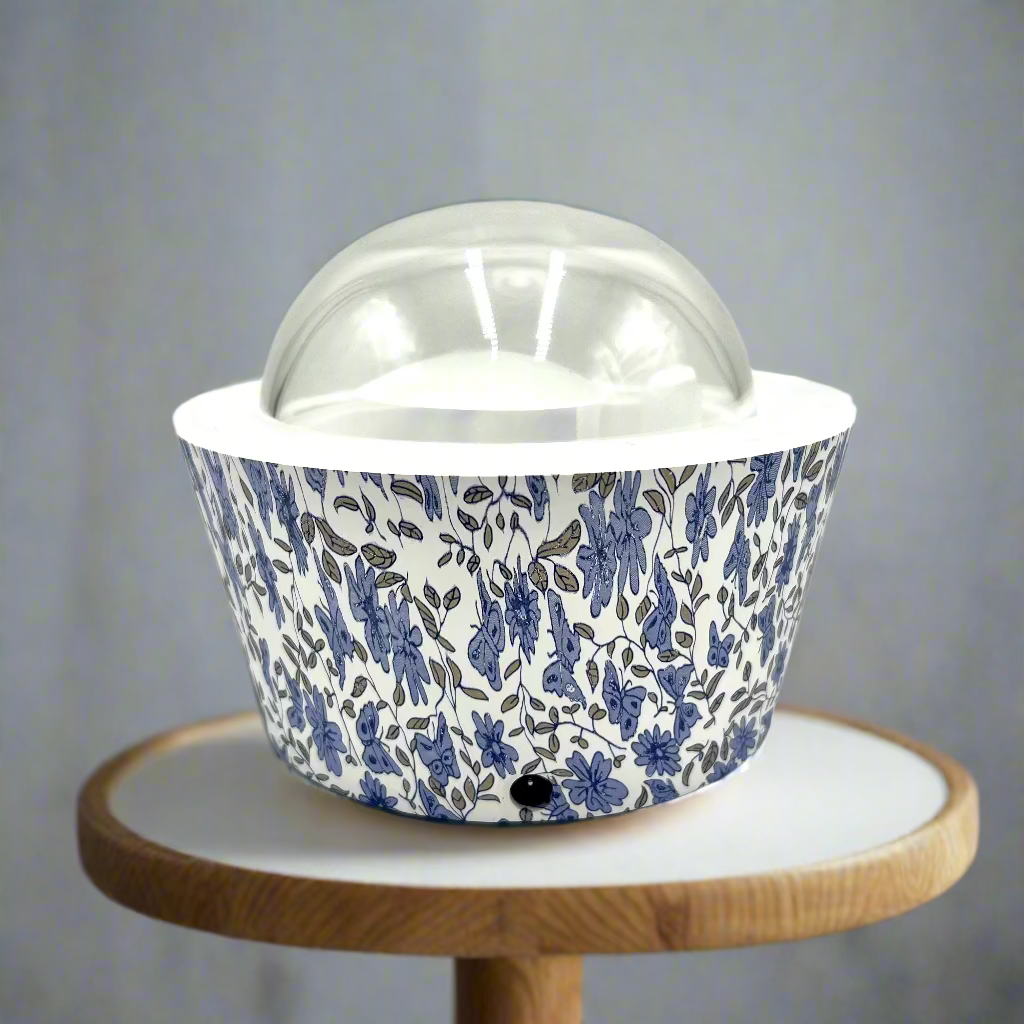 Ceramic bowl with blue floral pattern and clear lid on a white background