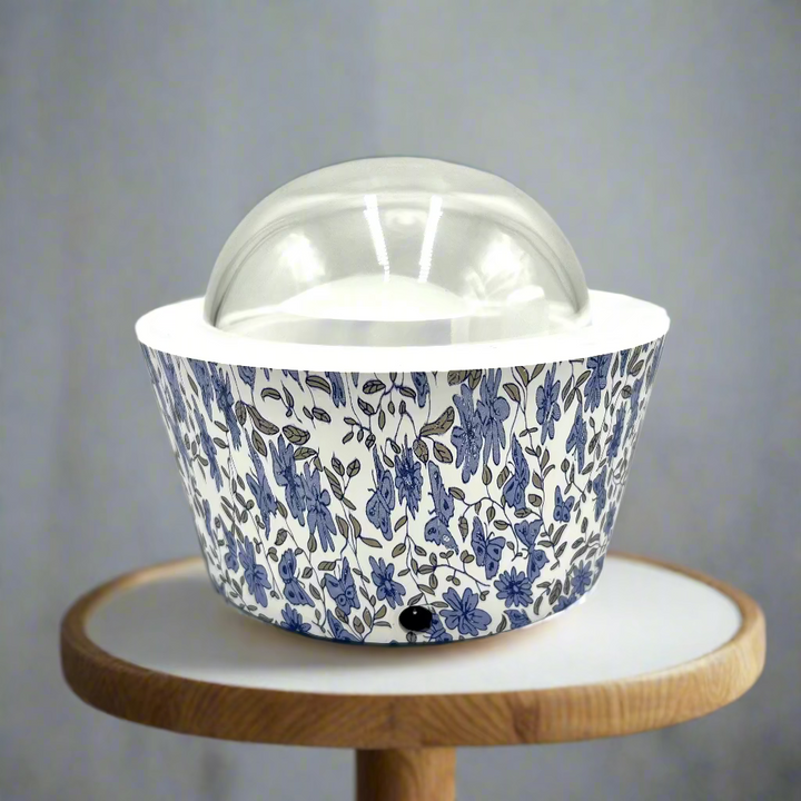 Ceramic bowl with blue floral pattern and clear lid on a white background